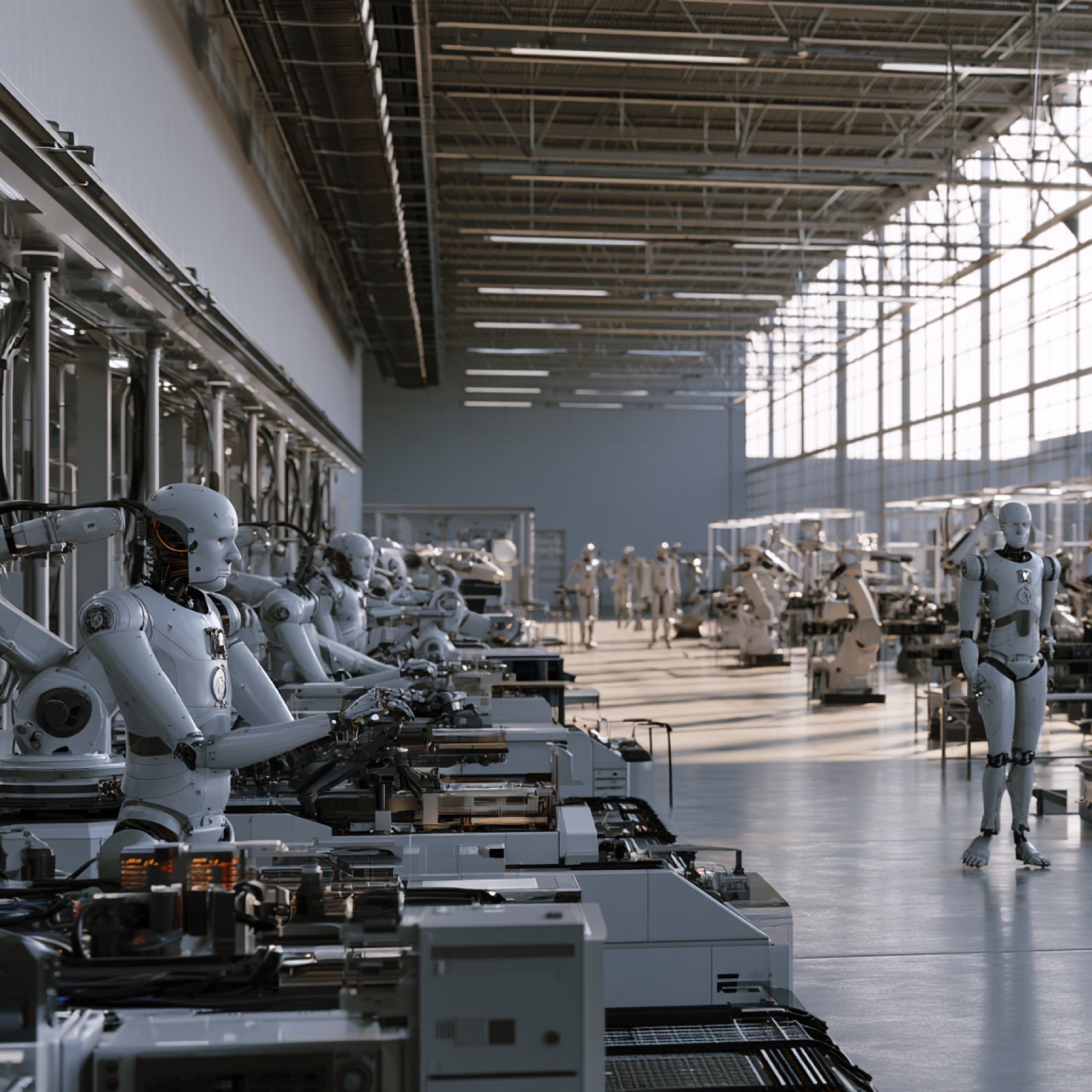 Fabrikhalle mit humanoiden Robotern an Fertigungsstraßen
